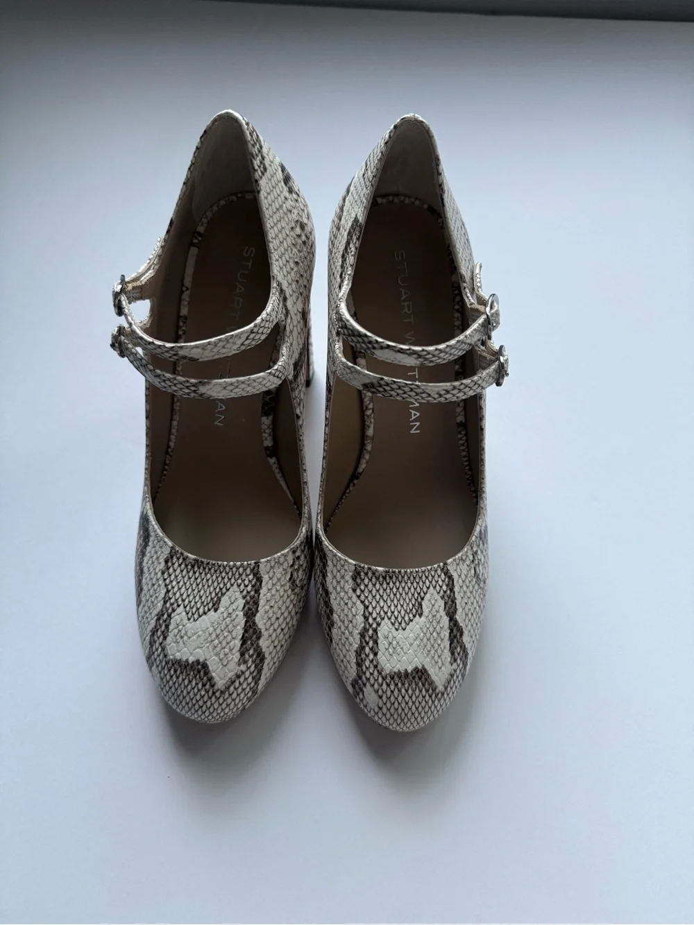 Stuart Weitzman Snake-Print Double-Strap Pumps in Beige and Brown